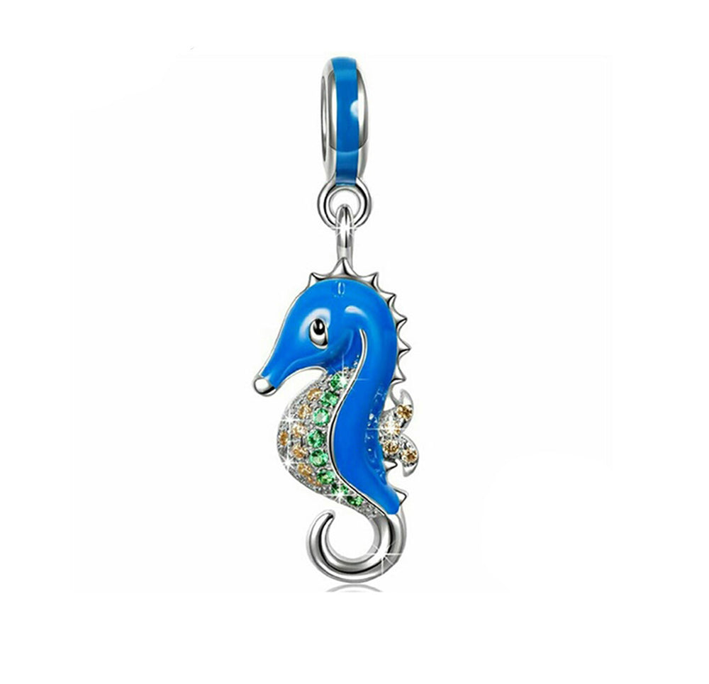Seahorse Charm European Bead Blue Enamel Over Sterling Silver Ginger Lyne Collection