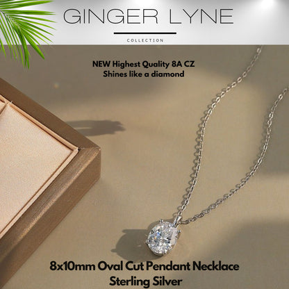 Oval Solitaire Necklace for Women Sterling Silver 2.5 Ct 8A Cubic Zirconia Pendant 18" Chain by Ginger Lyne - Silver