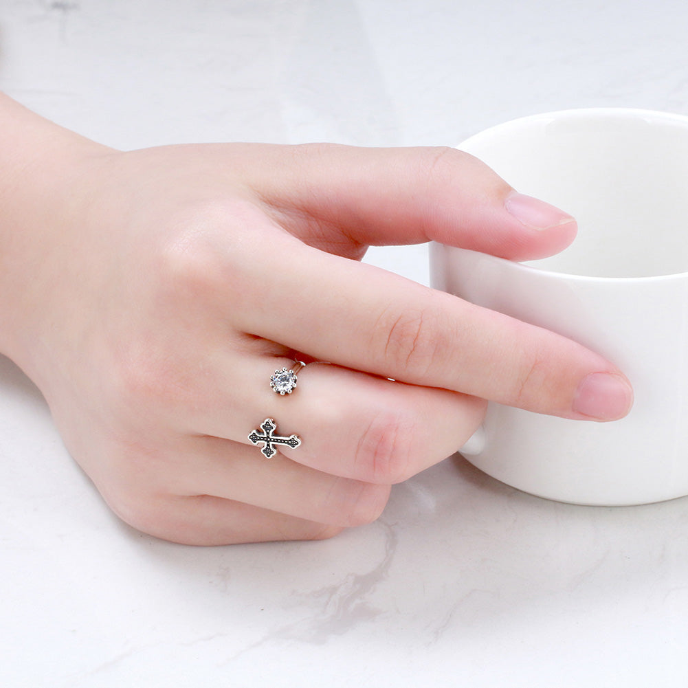 Black Cross Ring for Women Adjustable Sterling SIlver CZ Ginger Lyne Collection Fashion Jewlery