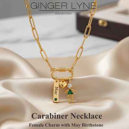 Carabiner Family Birthstone Necklace for Mom or Grandma by Ginger Lyne Stainless Steel CZ Birthday Charms_Female-May-Gold-2