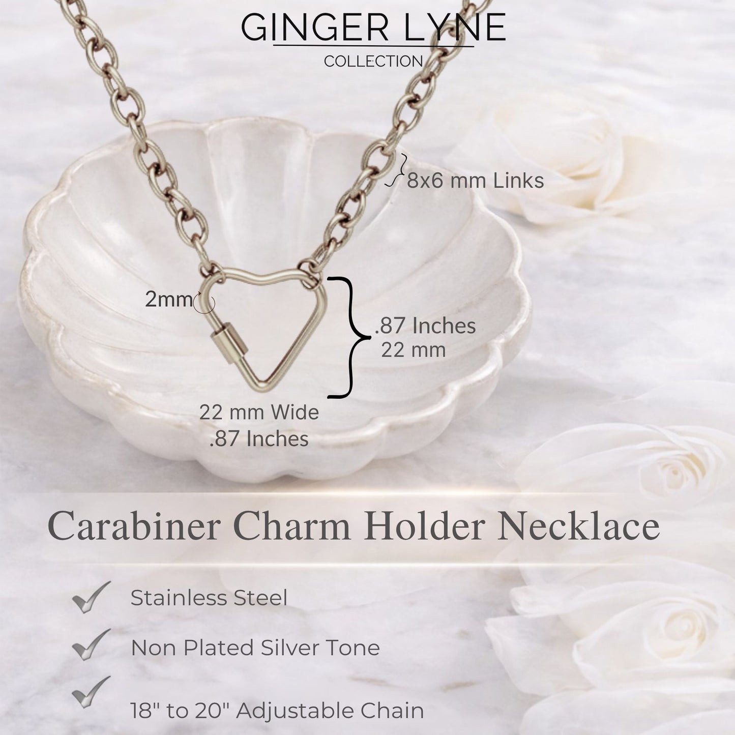 Carabiner Charm Holder Necklace for Women by Ginger Lyne O Chain Silver Stainless Steel 18-20" - Silver-OChain/Heart CH