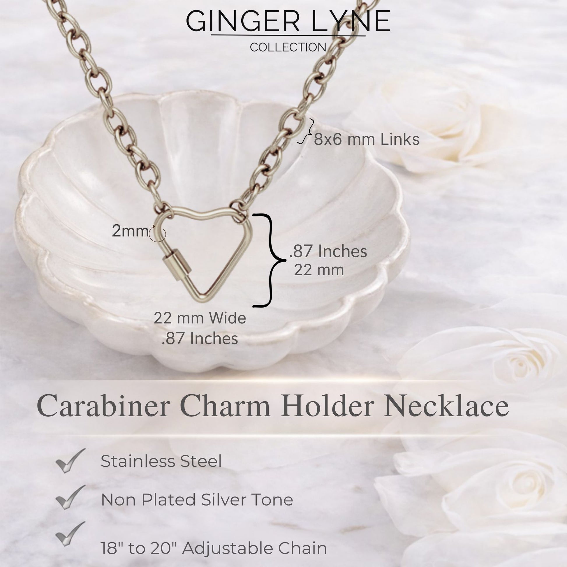 Carabiner Charm Holder Necklace for Women by Ginger Lyne O Chain Silver Stainless Steel 18-20" - Silver-OChain/Heart CH