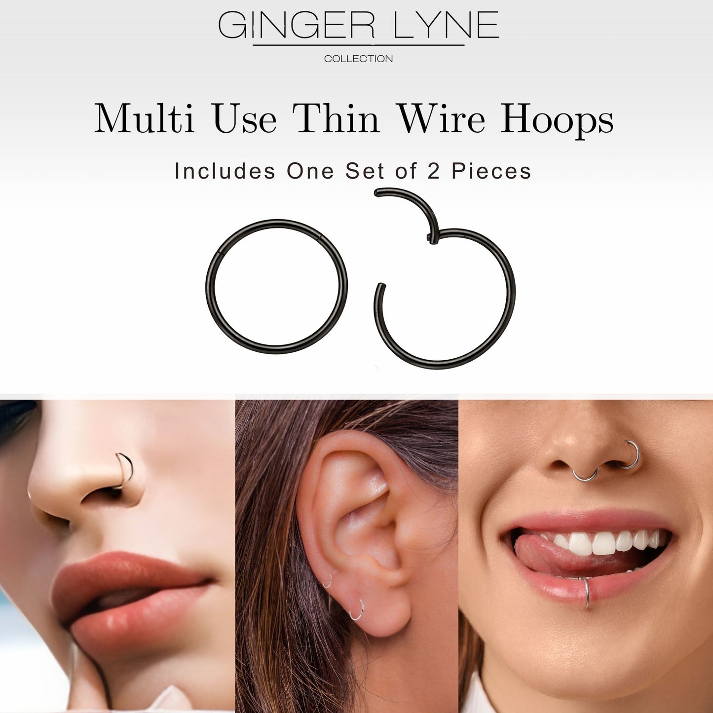 Thin Hoop Earrings Ginger Lyne 20 Gauge Stainless Steel Hinged Clicker for Lobe Cartilage Nose Piercing Body Jewelry - Black-12mm