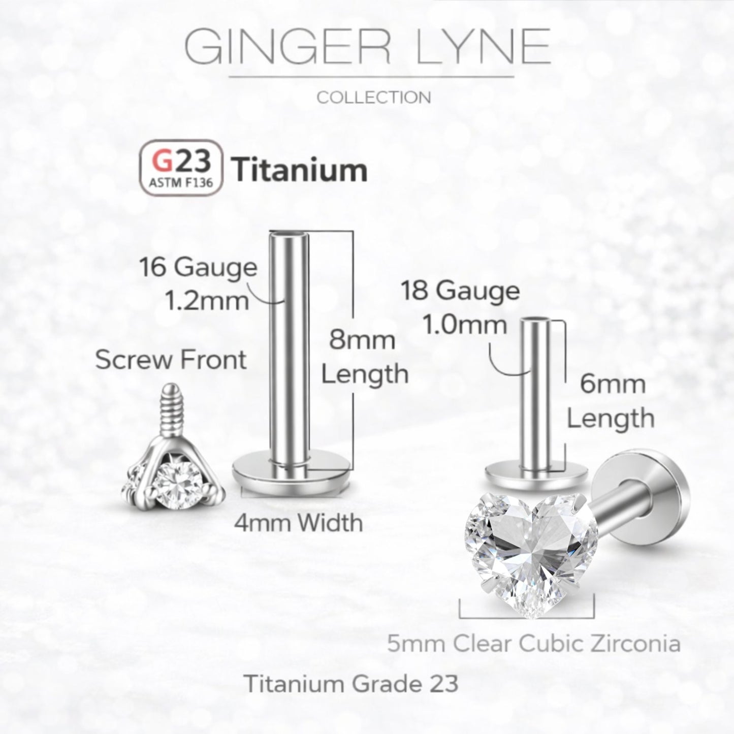 Small Heart CZ Solitaire Flat Back Stud Earrings Body Piercings by Ginger Lyne 2 Sets Post 6mm 8mm Included - 5mm-Clear
