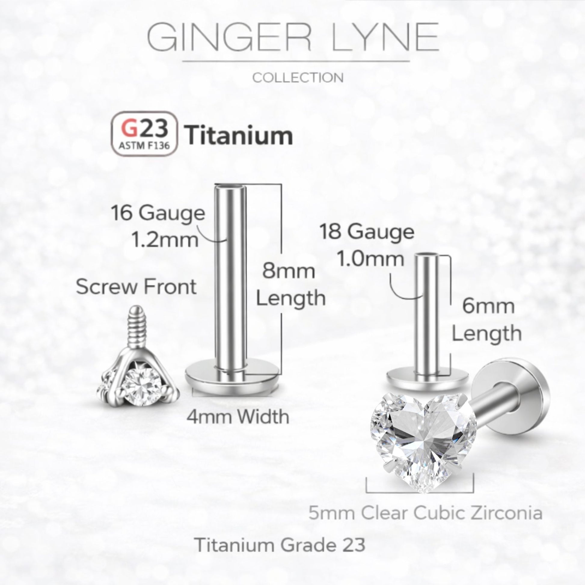 Small Heart CZ Solitaire Flat Back Stud Earrings Body Piercings by Ginger Lyne 2 Sets Post 6mm 8mm Included - 5mm-Clear