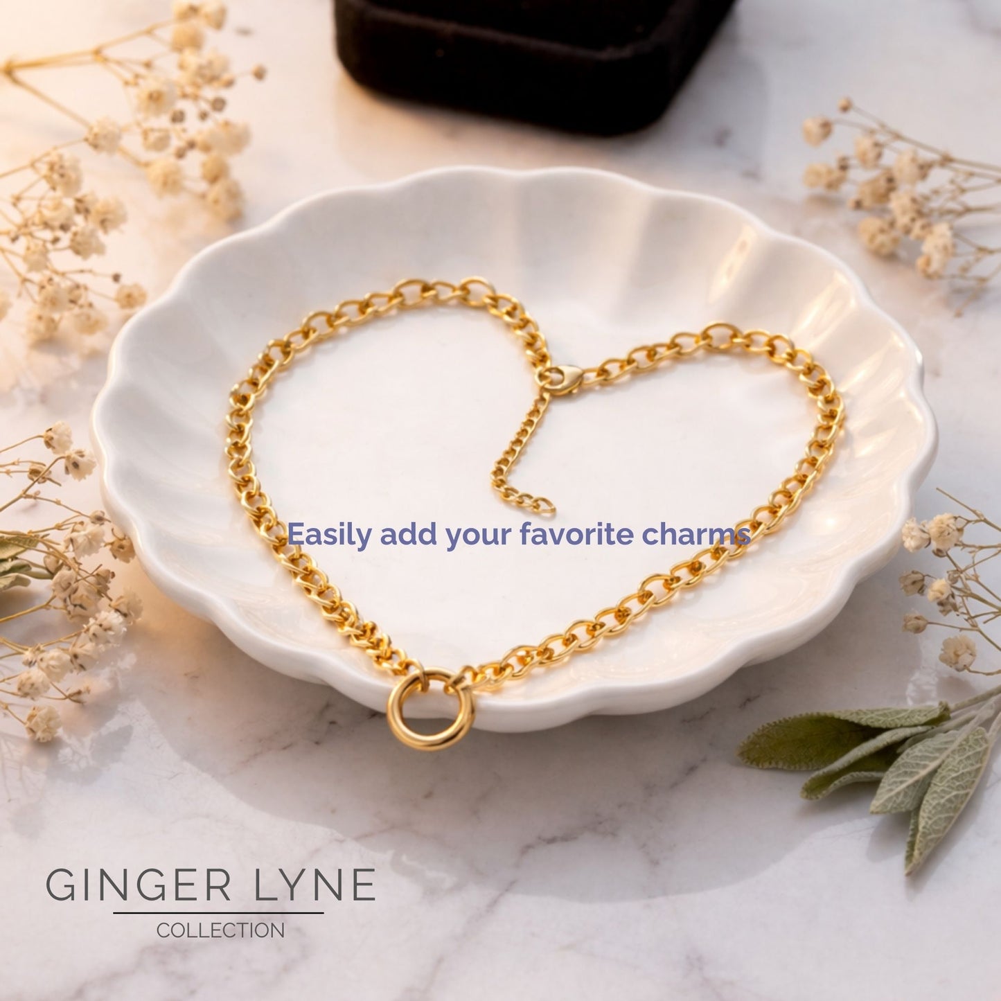 Carabiner Charm Necklace for Women O Link Chain Round Holder Stainless Steel by Ginger Lyne - 14mm/Gold