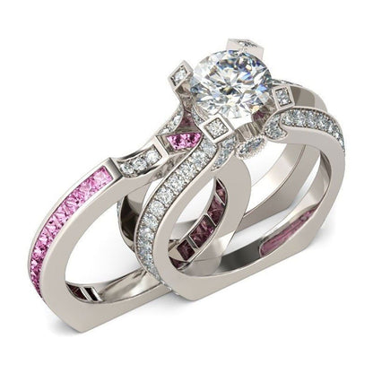 PinkandClearCubicZirconiaWeddingRingSetforWomenEngagementRingandMatchingBandSize8byGingerLyne_Pink/Clear-1