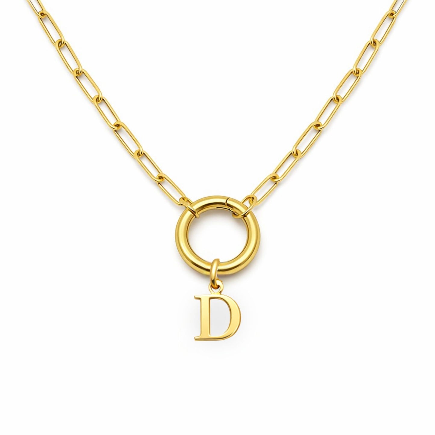 PaperclipLinkCircleCarabinerIntialLetterCharmHolderNecklaceforWomenStainlessSteel20"GingerLyne_Gold-D-1