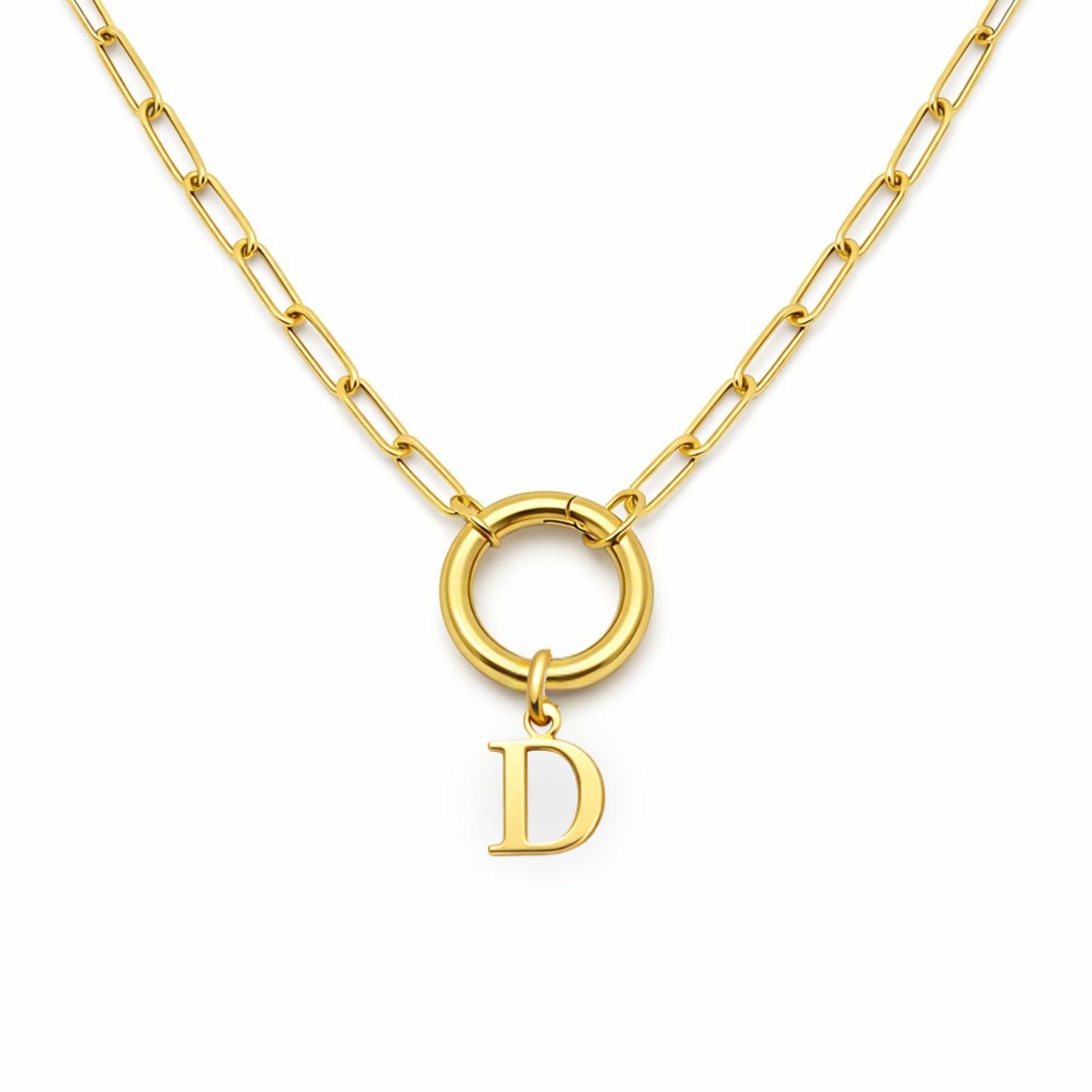 PaperclipLinkCircleCarabinerIntialLetterCharmHolderNecklaceforWomenStainlessSteel20"GingerLyne_Gold-D-1