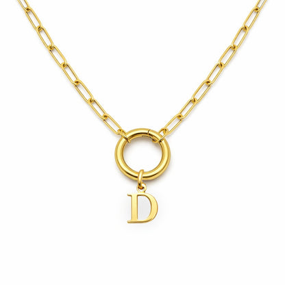 PaperclipLinkCircleCarabinerIntialLetterCharmHolderNecklaceforWomenStainlessSteel20"GingerLyne_Gold-D-1