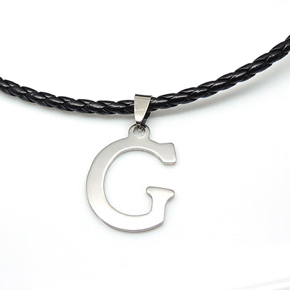 Initial Letter Necklace PU Leather Stainless Steel Men Women Ginger Lyne Collection - T