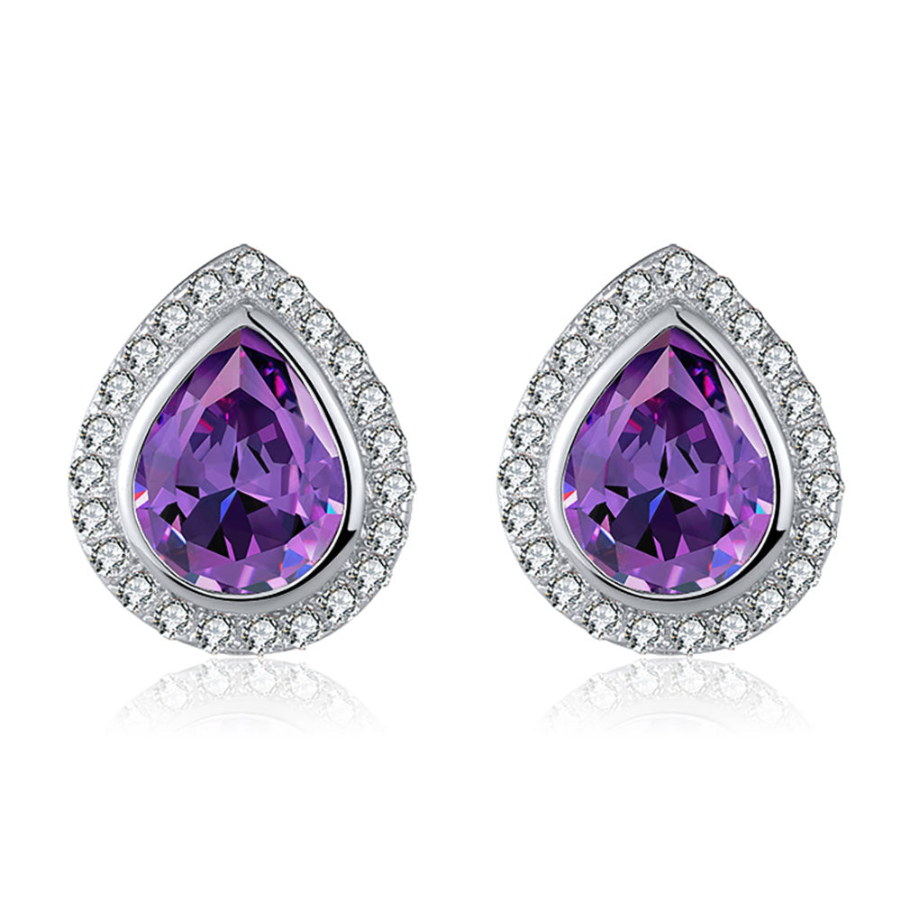 Halo Teardrop Stud Earrings for Women Sterling Silver Purple Cz Ginger Lyne Collection