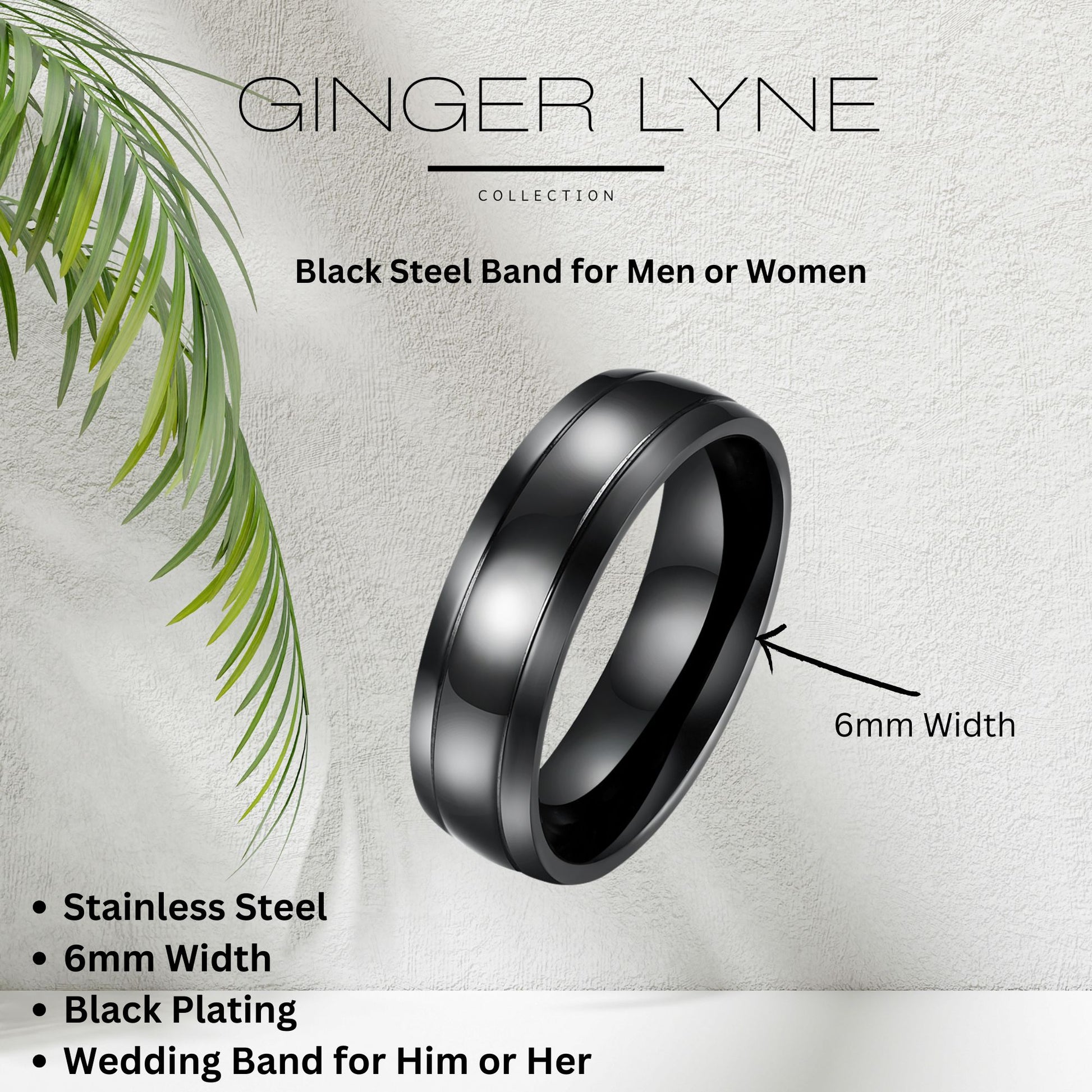 6mmStainlessSteelBlackWeddingBandRingWomenMenGingerLyneCollection_Black-6
