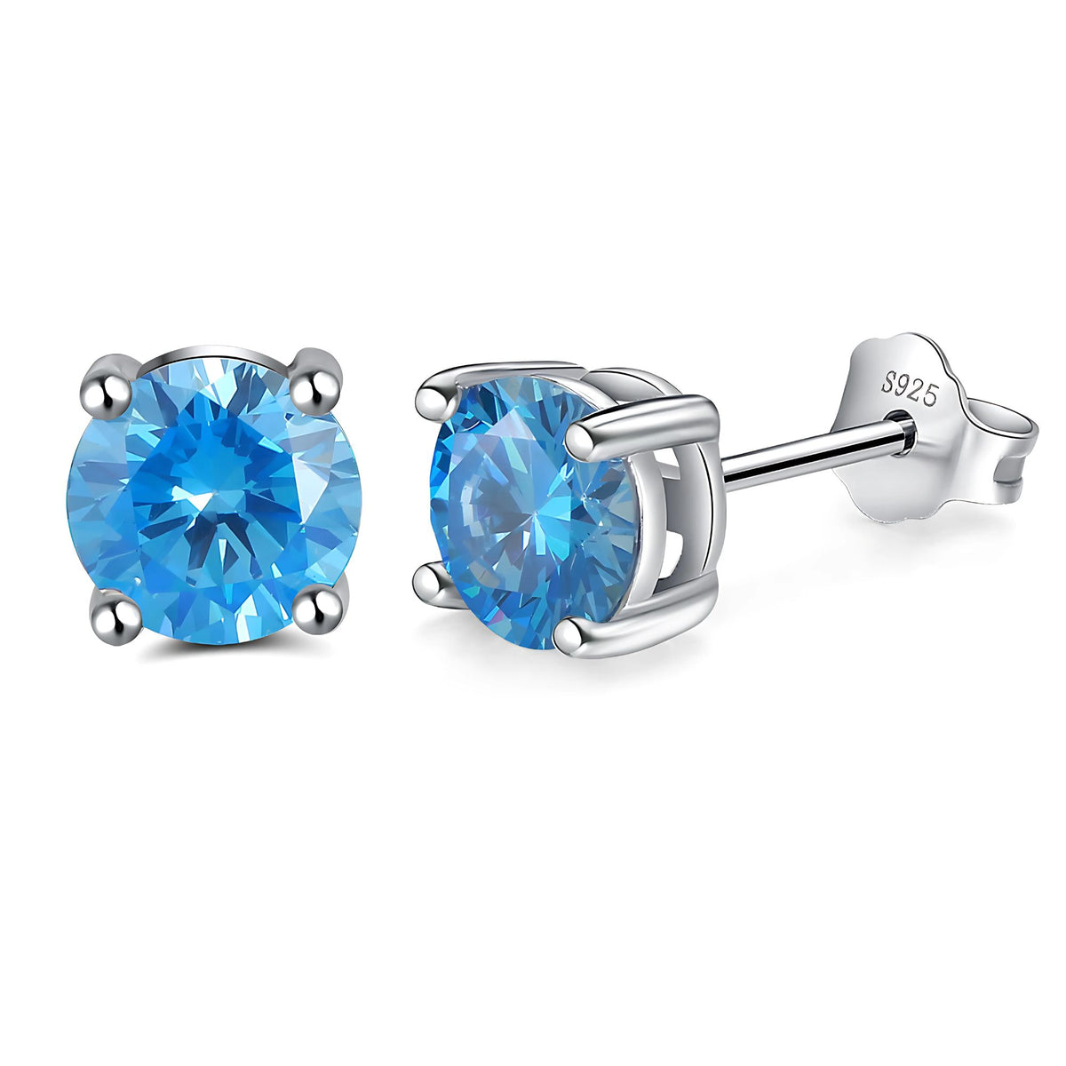 March Birthstone Stud Earrings for Women Blue Cubic Zirconia 6mm Sterling Silver Studs by Ginger Lyne - March