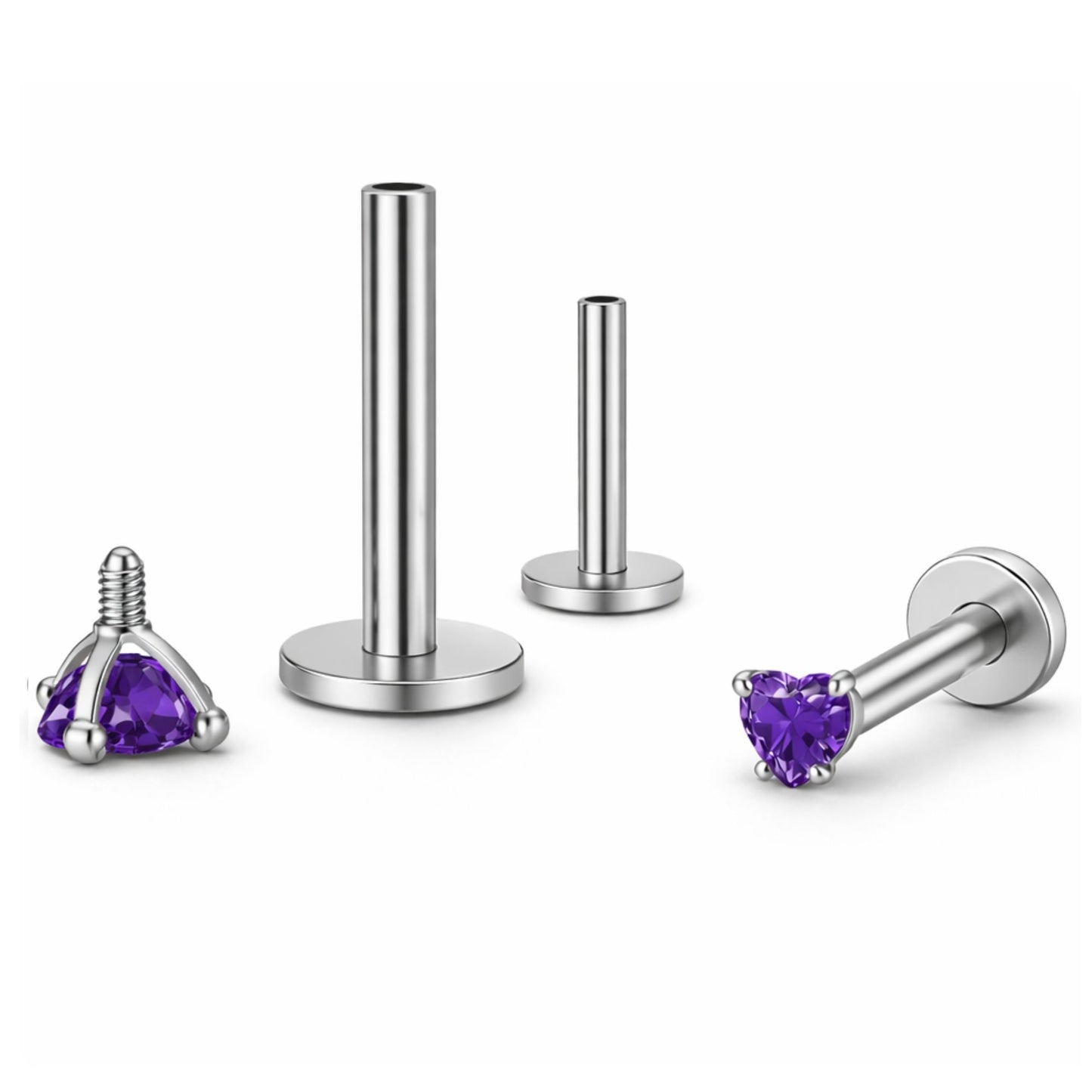 SmallHeartCZSolitaireFlatBackStudEarringsBodyPiercingsbyGingerLyne2SetsPost6mm8mmIncluded_3mm-DKPurple-1