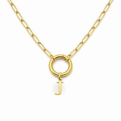 PaperclipLinkCircleCarabinerIntialLetterCharmHolderNecklaceforWomenStainlessSteel20"GingerLyne_Gold-J-1