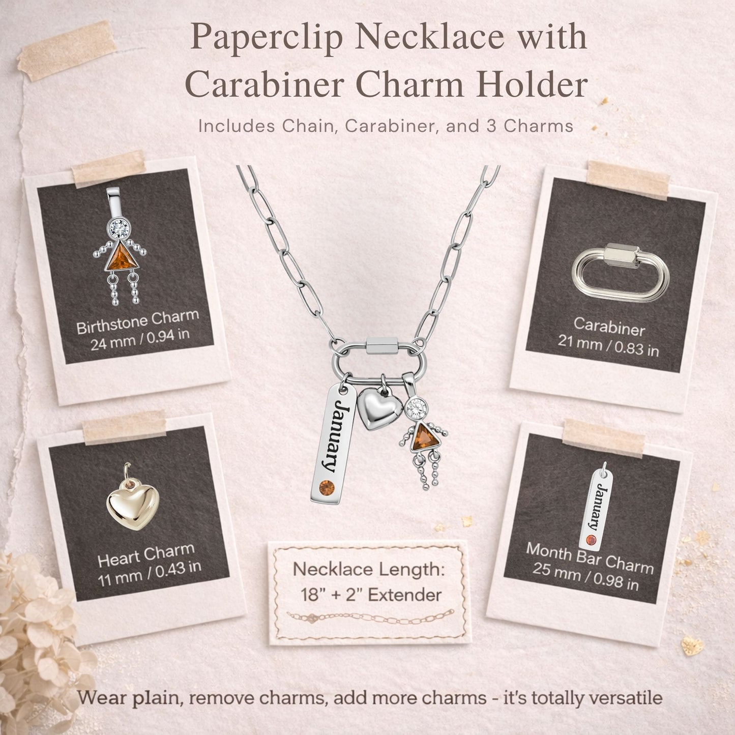 Carabiner Family Birthstone Necklace for Mom or Grandma by Ginger Lyne Stainless Steel CZ Birthday Charms_Female-January-Silver-4