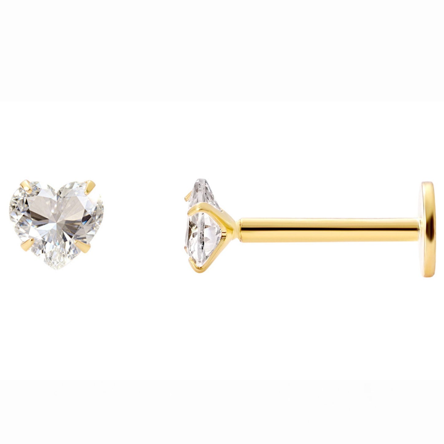 GingerLyneSolitaireHeartFlatBackStudEarringsSterlingSilverCubicZirconiaBodyJewelry_Gold-3mmCZ-16G-8mmPost-1