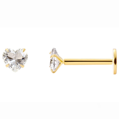 GingerLyneSolitaireHeartFlatBackStudEarringsSterlingSilverCubicZirconiaBodyJewelry_Gold-3mmCZ-16G-8mmPost-1