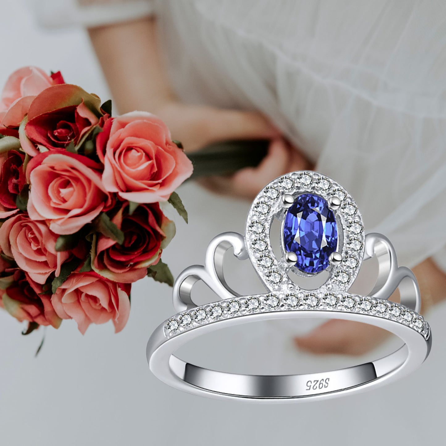 Crown Engagement Enhancer Ring for Women Blue Cz Sterling Silver Ginger Lyne Collection