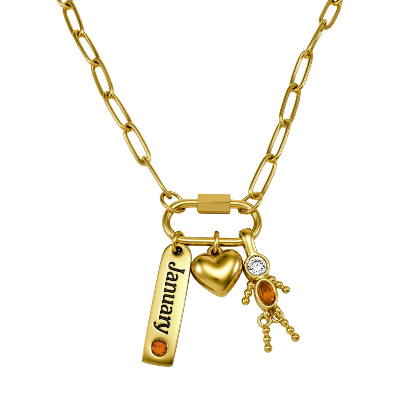 CarabinerFamilyBirthstoneNecklaceforMomorGrandmabyGingerLyneStainlessSteelCZBirthdayCharms_Male-January-Gold-1