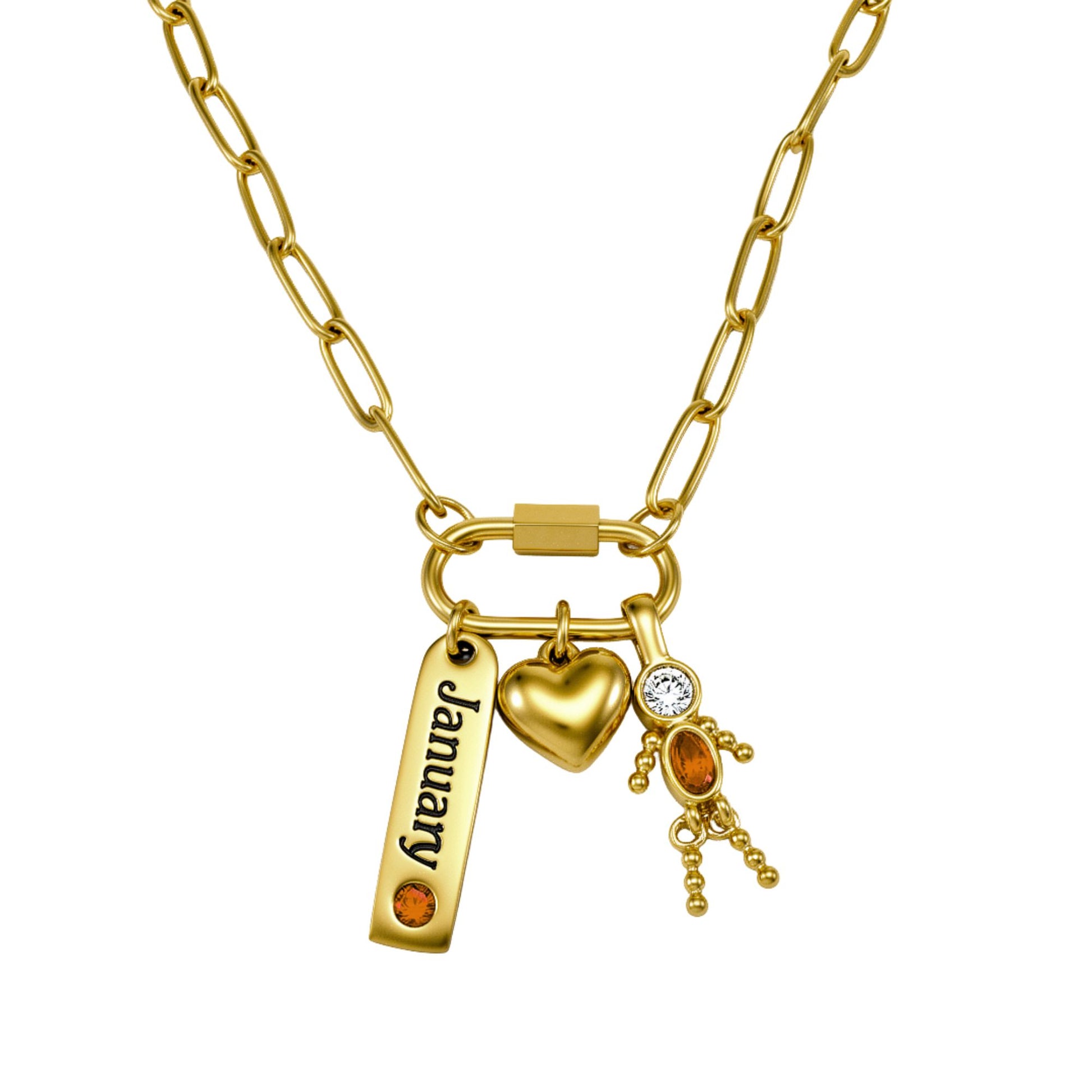 CarabinerFamilyBirthstoneNecklaceforMomorGrandmabyGingerLyneStainlessSteelCZBirthdayCharms_Male-January-Gold-1