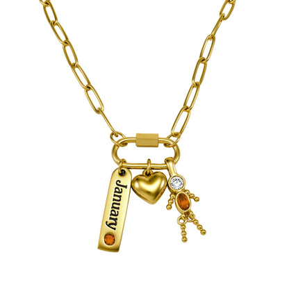 CarabinerFamilyBirthstoneNecklaceforMomorGrandmabyGingerLyneStainlessSteelCZBirthdayCharms_Male-January-Gold-1