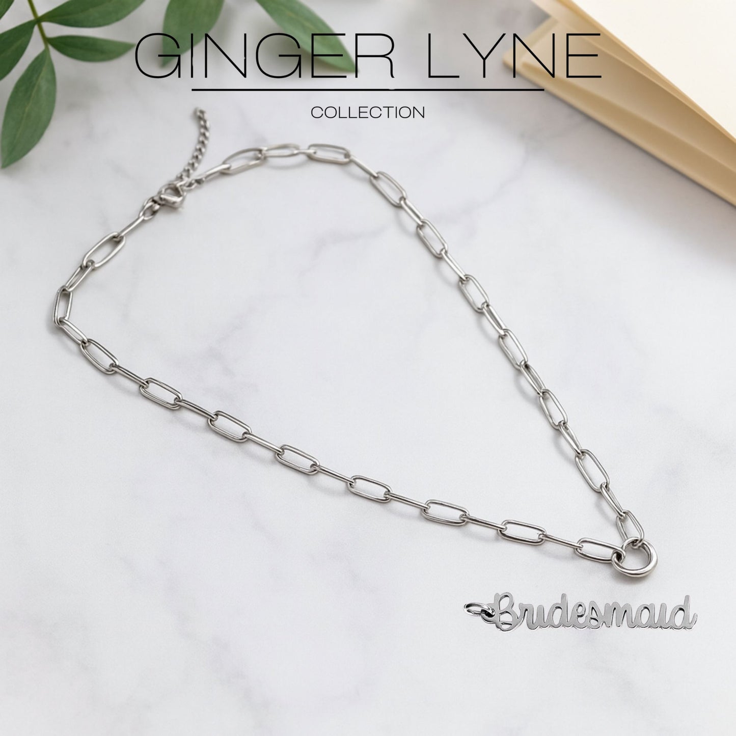 Paperclip Link Carabiner Chain Charm Holder Necklace With Bridesmaid Charm for Women Stainless Steel 18-20" Ginger Lyne - Silver Tone