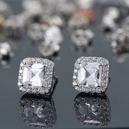 Square Halo Stud Earrings for Women Clear Cz Sterling Silver Womens Ginger Lyne Collection - White Gold