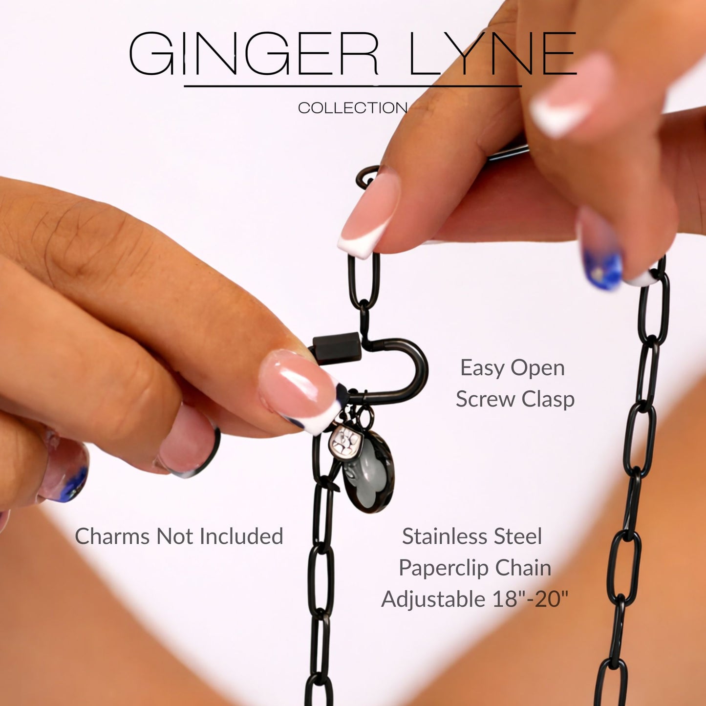Carabiner Charm Holder Necklace for Women by Ginger Lyne Paperclip Chain Black Stainless Steel 18-20" - Black-PaperclipChain/Rect Sq CH