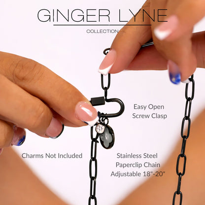 Carabiner Charm Holder Necklace for Women by Ginger Lyne Paperclip Chain Black Stainless Steel 18-20" - Black-PaperclipChain/Rect Sq CH
