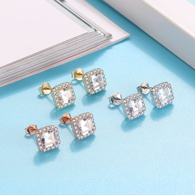 Square Halo Stud Earrings for Women Clear Cz Sterling Silver Womens Ginger Lyne Collection - Rose Gold