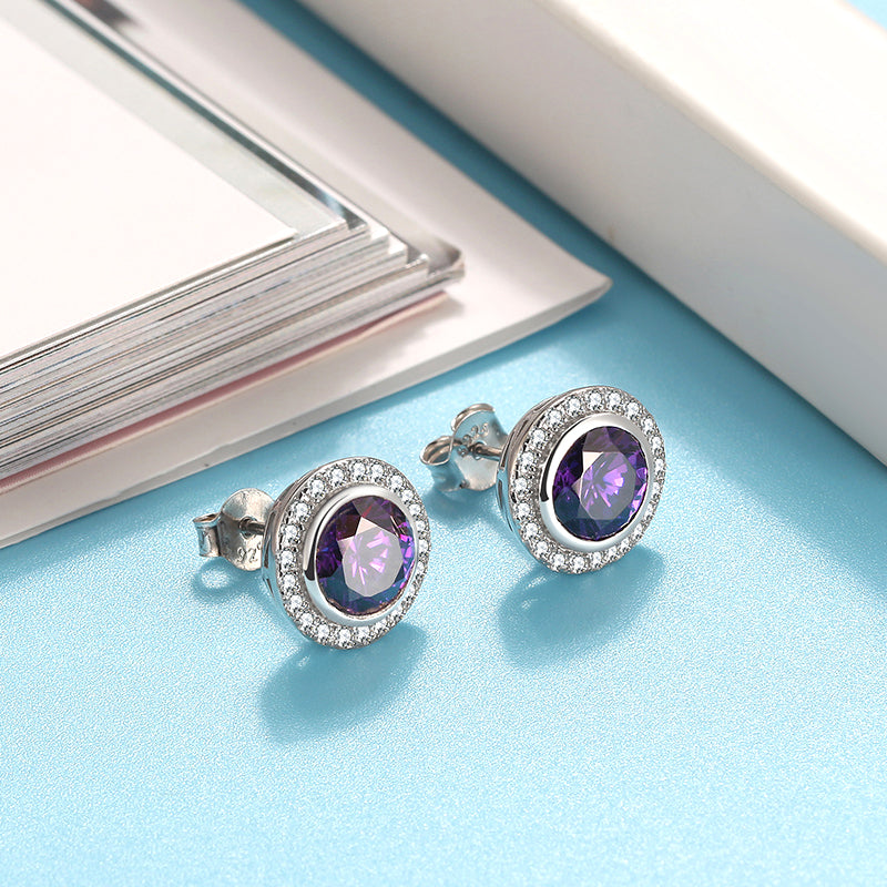 Halo 3D Stud Earringsfor Women Sterling Silver Purple Cz Ginger Lyne Collection