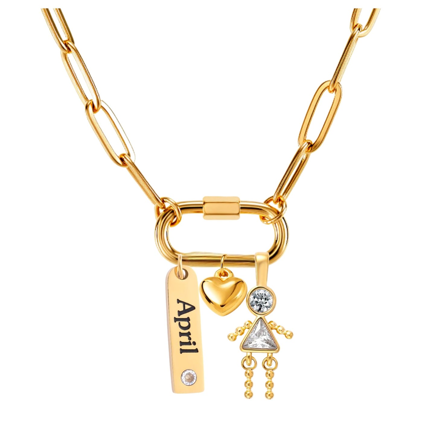 CarabinerFamilyBirthstoneNecklaceforMomorGrandmabyGingerLyneStainlessSteelCZBirthdayCharms_Female-April-Gold-1