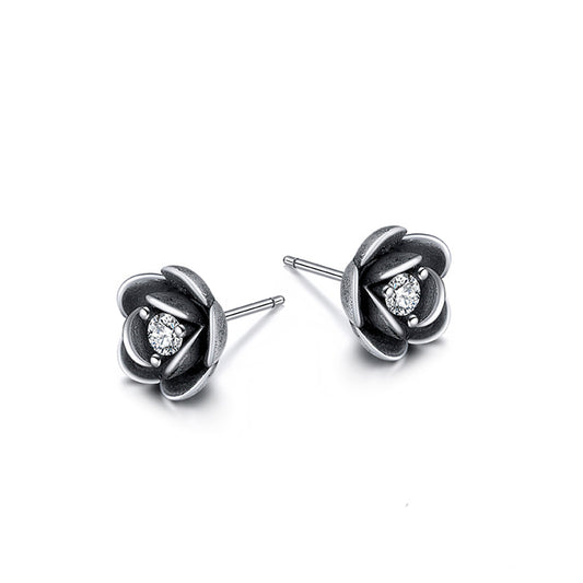 Rose Stud Earrings for Women Cubic Zirconia Oxidized Sterling Silver Ginger Lyne Collection