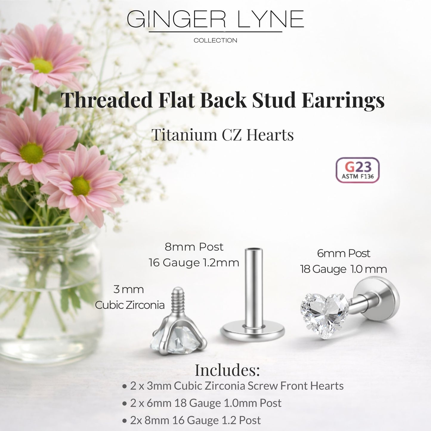 Small Heart CZ Solitaire Flat Back Stud Earrings Titanium Body Piercings by Ginger Lyne 2 Sets Post 6mm 8mm - 3mm-Clear