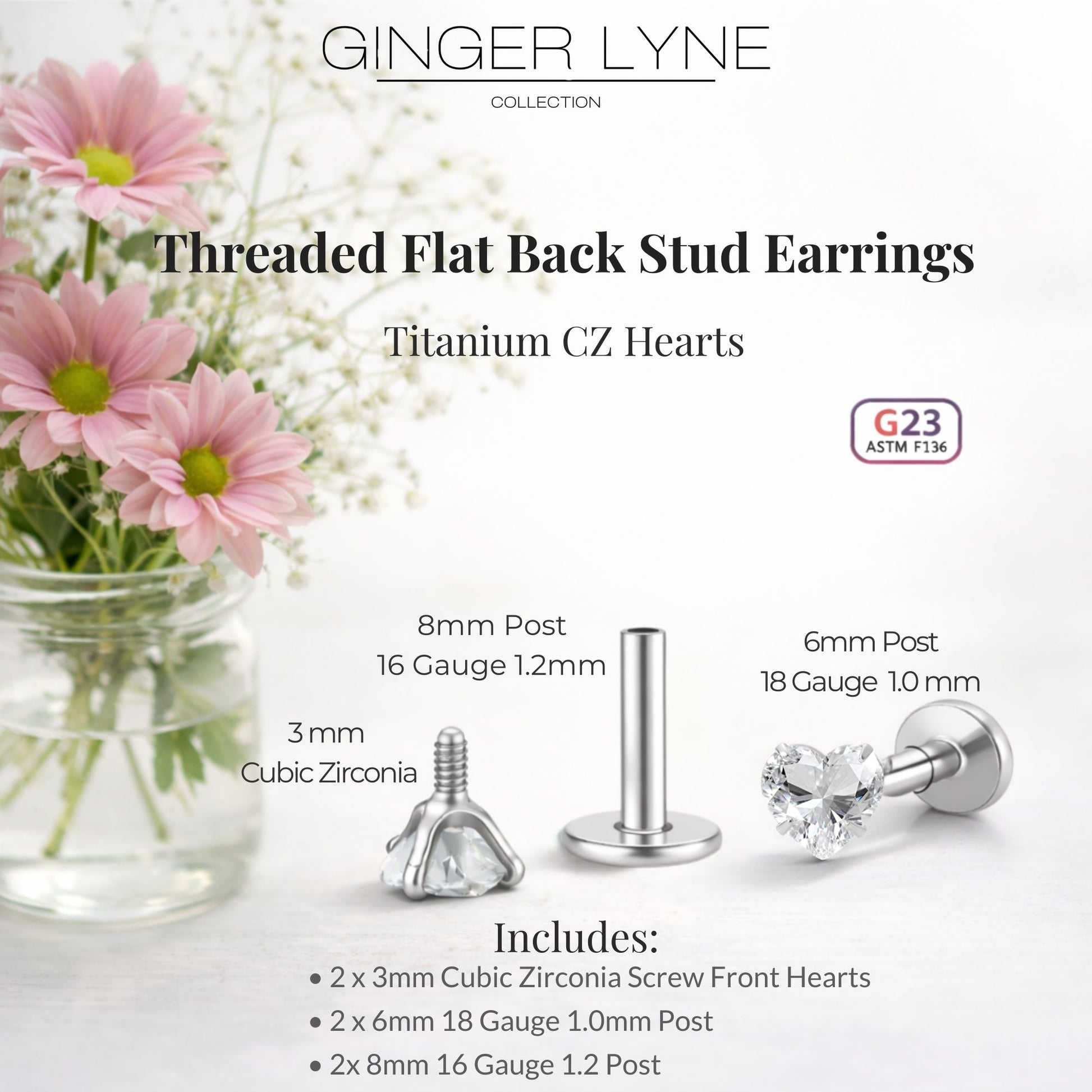 Small Heart CZ Solitaire Flat Back Stud Earrings Titanium Body Piercings by Ginger Lyne 2 Sets Post 6mm 8mm - 3mm-Clear