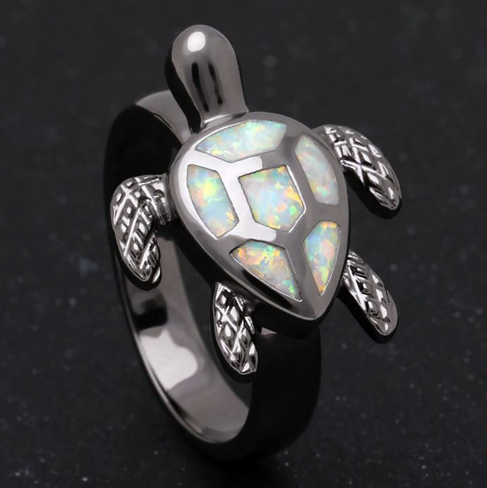 Sea Turtle Statement Ring Black Plate Fire Opal Girl Women Ginger Lyne Collection - White,11