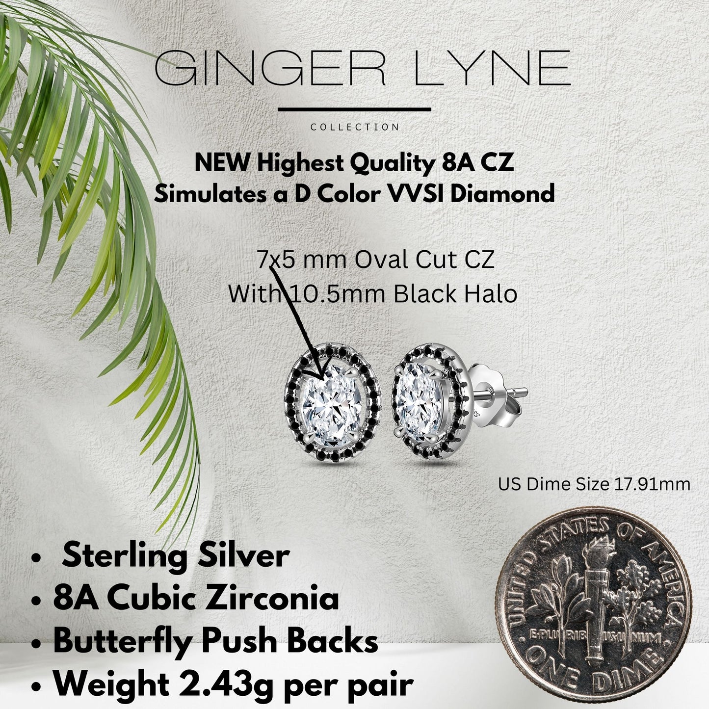 Black Halo Oval Cut Stud Earrings for Women Simulated Diamond Sterling Silver Ginger Lyne