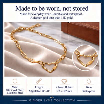 Gold Plated Heart Carabiner Charm Holder Necklace Paperclip Chain 22mm Heart Clasp 18-20 Inch Stainless Steel by Ginger Lyne - Gold-PaperclipChain/Heart CH