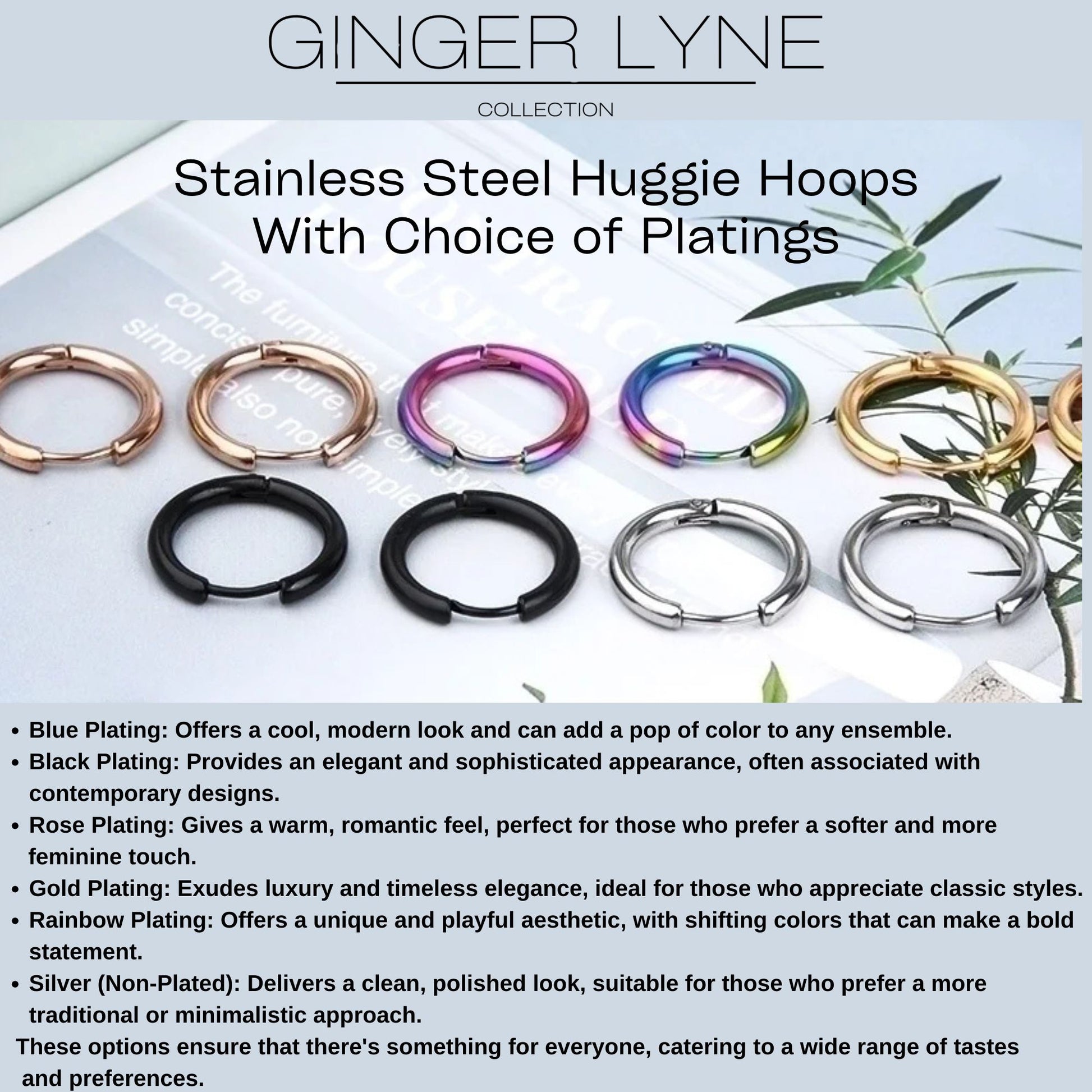 Stainless Steel Hoop Earrings by Ginger Lyne Huggie Style for Lobe Cartilage Piercing Body Jewelry - Blue-20mm