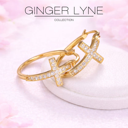 Cross Hoop Earrings for Women Cubic Zirconia Ginger Lyne Collection - Gold Tone-30mm