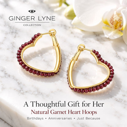 Heart Hoop Earrings for Women 14K Gold Plated Sterling Silver Natural Red Garnet - Red