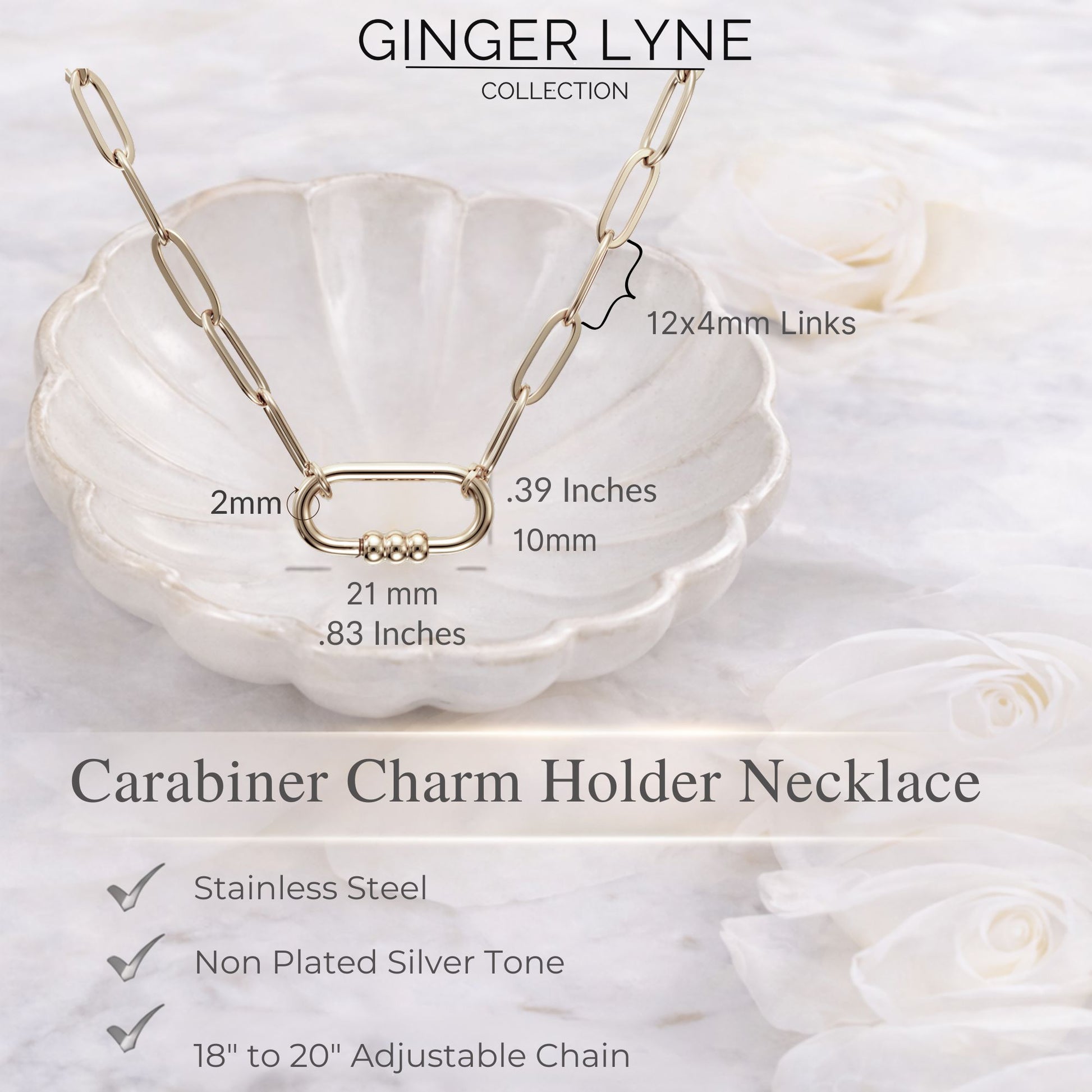 Carabiner Charm Holder Necklace for Women by Ginger Lyne Paperclip Chain Silver Stainless Steel 18-20" - Silver-PaperclipChain/Rect 3 Bead CH