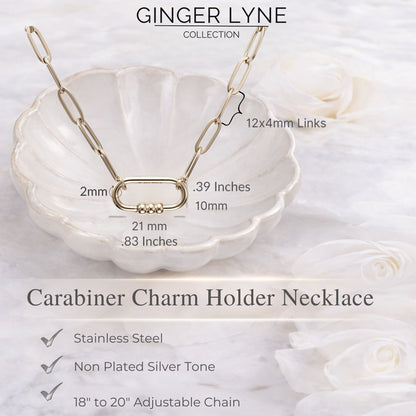 Carabiner Charm Holder Necklace for Women by Ginger Lyne Paperclip Chain Silver Stainless Steel 18-20" - Silver-PaperclipChain/Rect 3 Bead CH