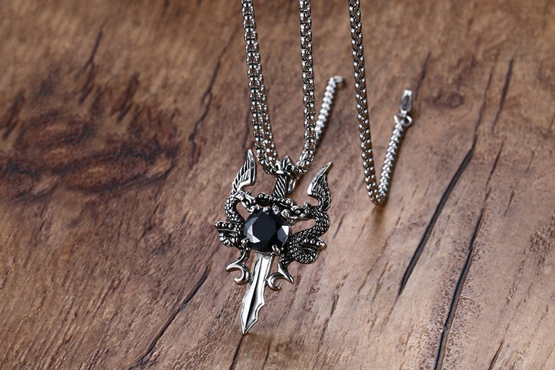 Dragon Sword Necklace for Men or Women  Stainless Steel Black Cz Gothic Ginger Lyne Collection