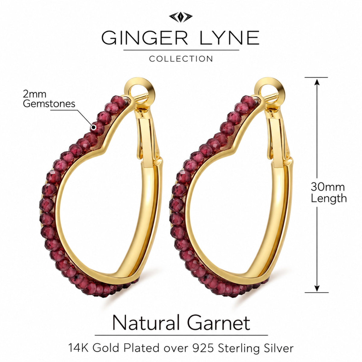 Heart Hoop Earrings for Women 14K Gold Plated Sterling Silver Natural Red Garnet - Red