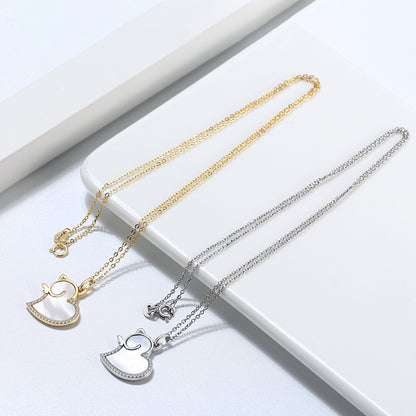 Cat Heart Pendant Necklace for Women Seashell CZ Sterling Silver Ginger Lyne Collection - Gold