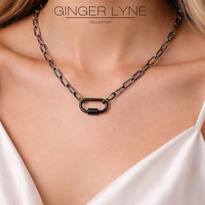 Carabiner Charm Holder Necklace for Women by Ginger Lyne Paperclip Chain Rainbow Stainless Steel 18-20" - Rainbow-PaperclipChain/BlkRect Sq CH
