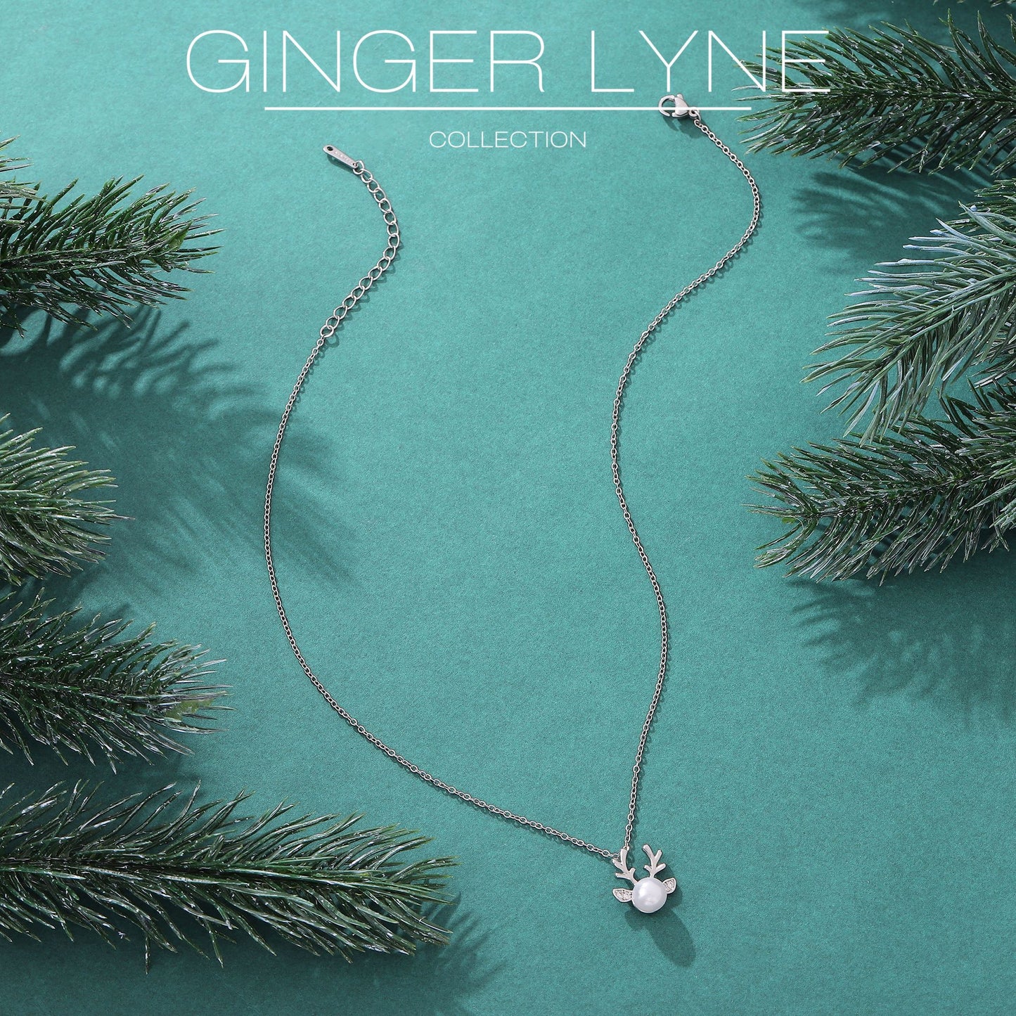 Reindeer Necklace for Women by Ginger Lyne Gold Plated Simulated Pearl Christmas Jewelry - Silver